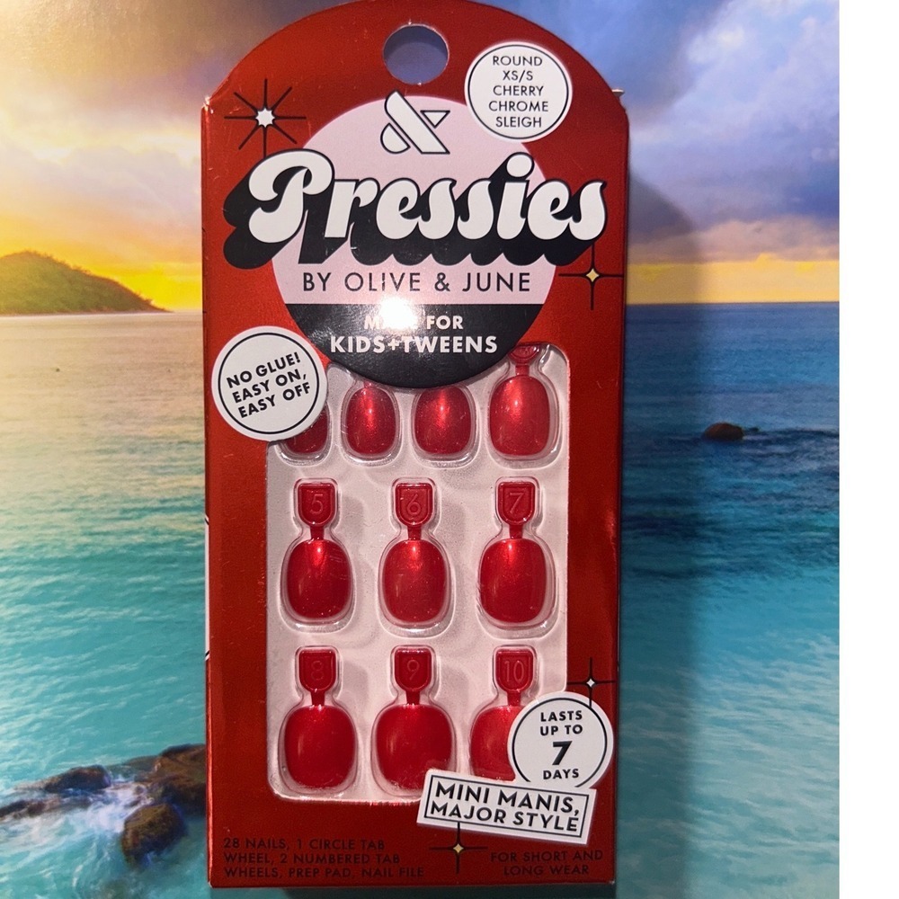 Olive & June Pressies Cherry Chrome Sleigh Round XS/S Press On Nails Kids Tweens